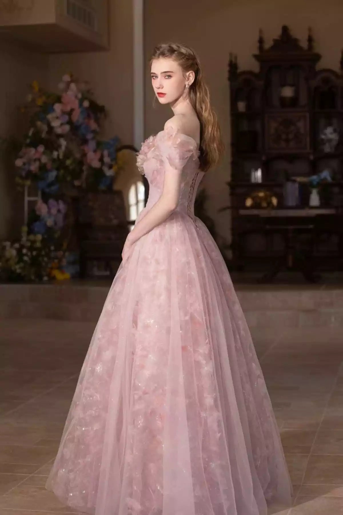 Beautiful A-Line Off the Shoulder Pink Tulle Long Prom Dress Party Dress