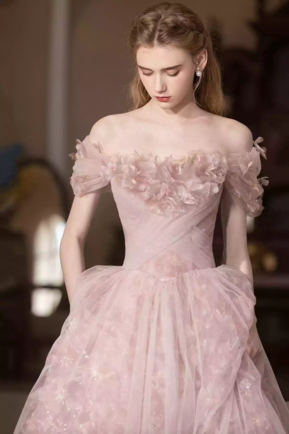 Beautiful A-Line Off the Shoulder Pink Tulle Long Prom Dress Party Dress