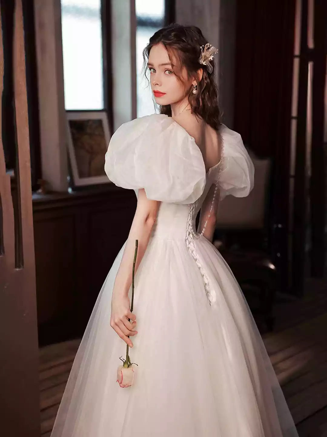 Beautiful A-Line Puff Sleeve White Tulle Long Formal Dress  Evening Dress