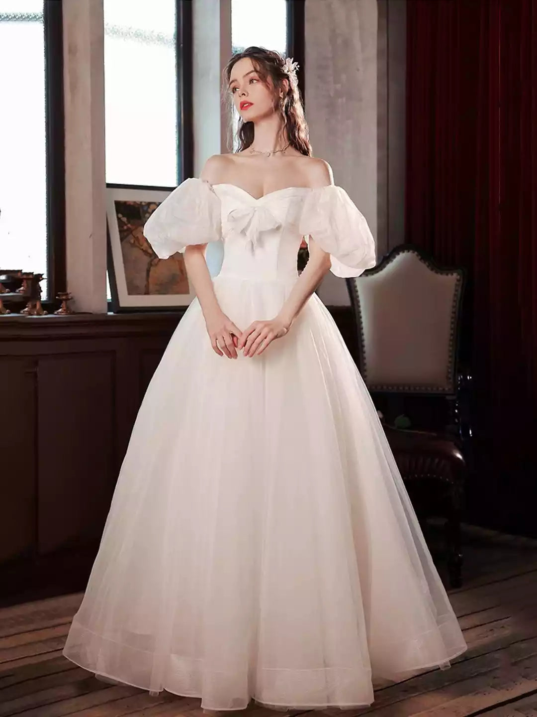 Beautiful A-Line Puff Sleeve White Tulle Long Formal Dress  Evening Dress