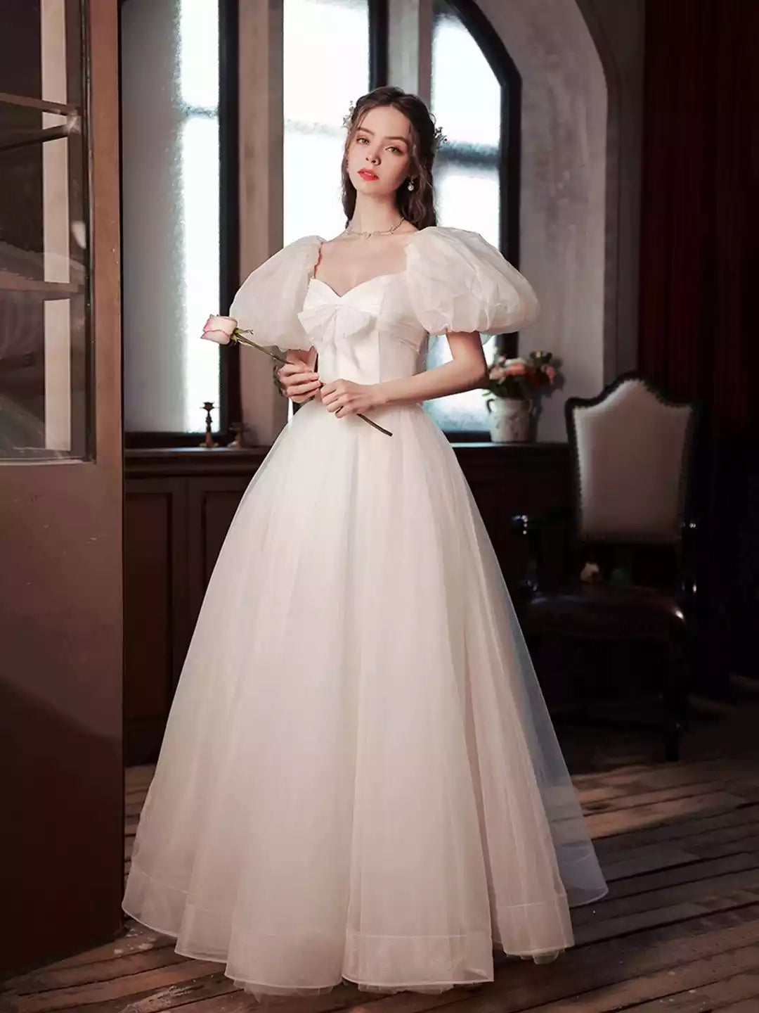 Beautiful A-Line Puff Sleeve White Tulle Long Formal Dress  Evening Dress