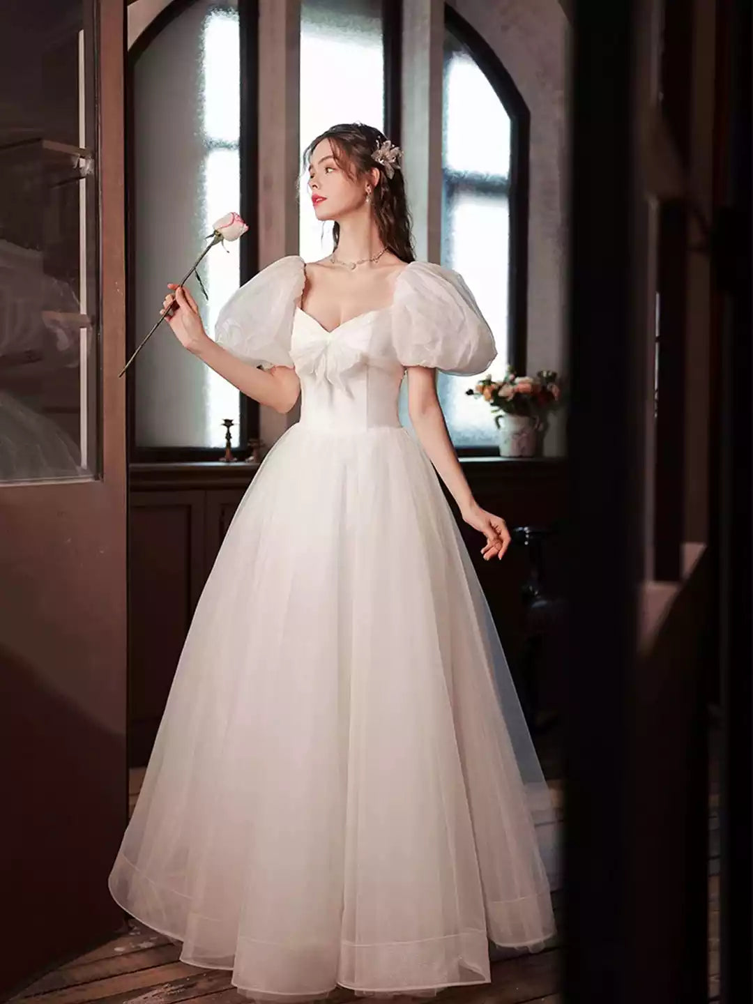 Beautiful A-Line Puff Sleeve White Tulle Long Formal Dress  Evening Dress