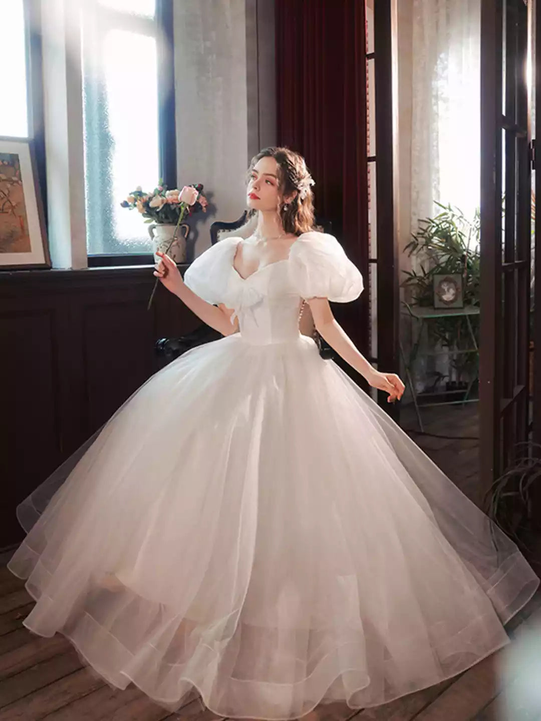 Beautiful A-Line Puff Sleeve White Tulle Long Formal Dress  Evening Dress