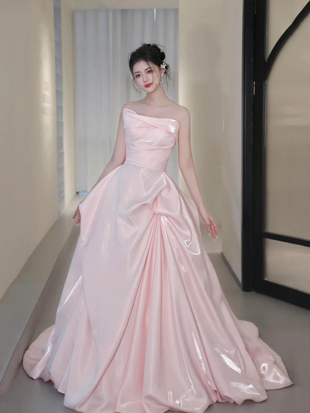 Beautiful A-Line Strapless Pink Satin Long Prom Dress Evening Party Dress