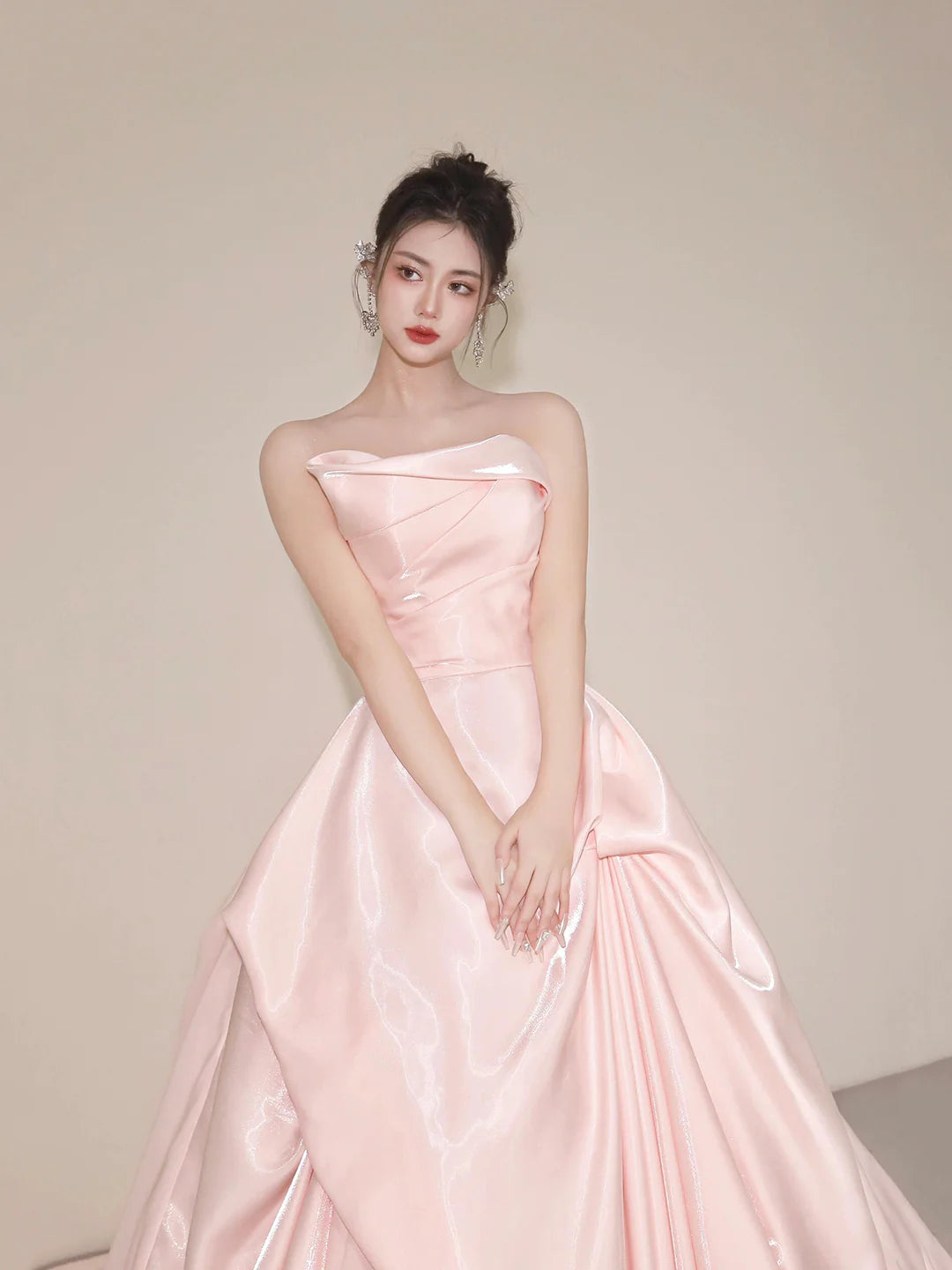 Beautiful A-Line Strapless Pink Satin Long Prom Dress Evening Party Dress