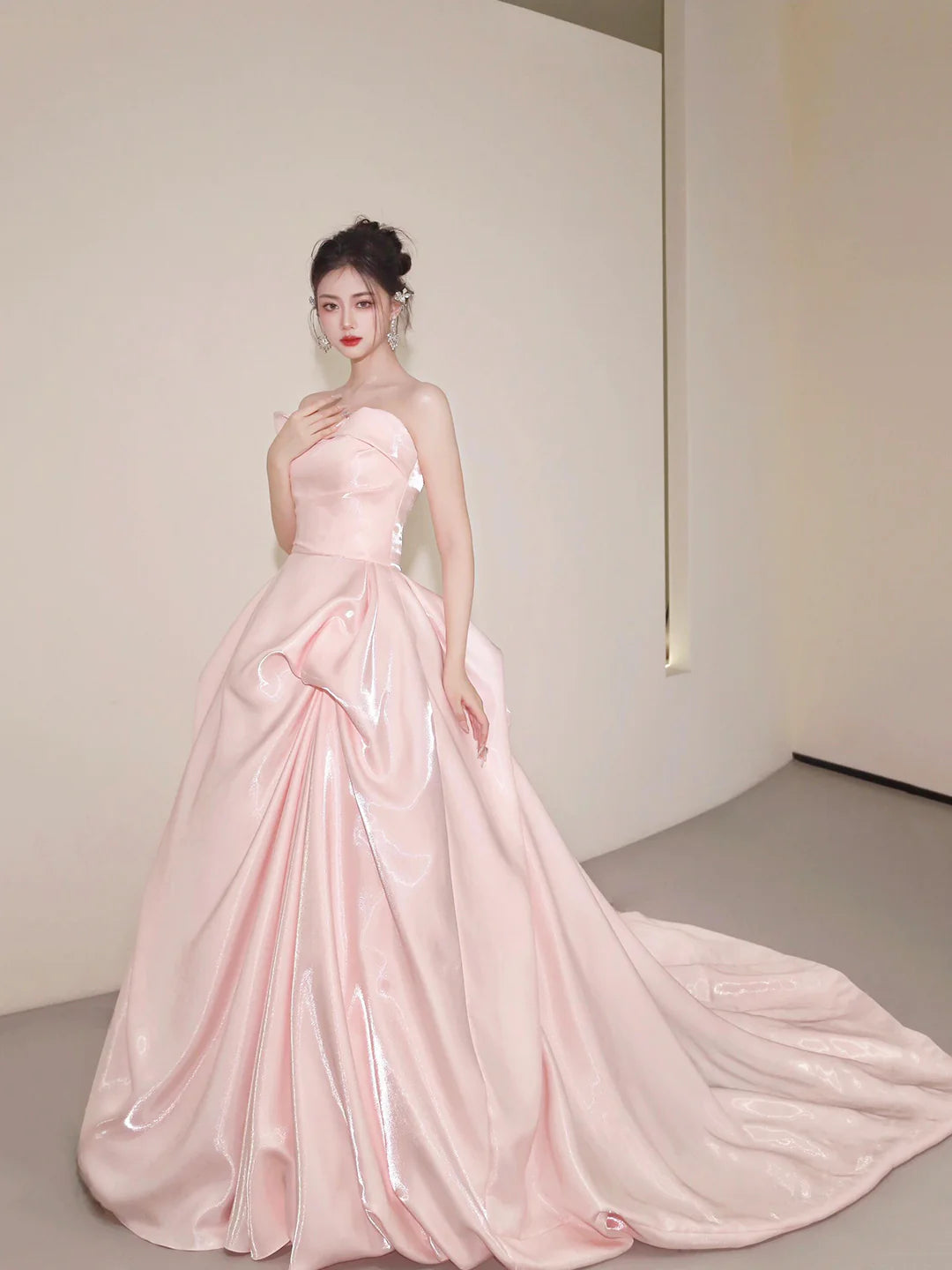 Beautiful A-Line Strapless Pink Satin Long Prom Dress Evening Party Dress