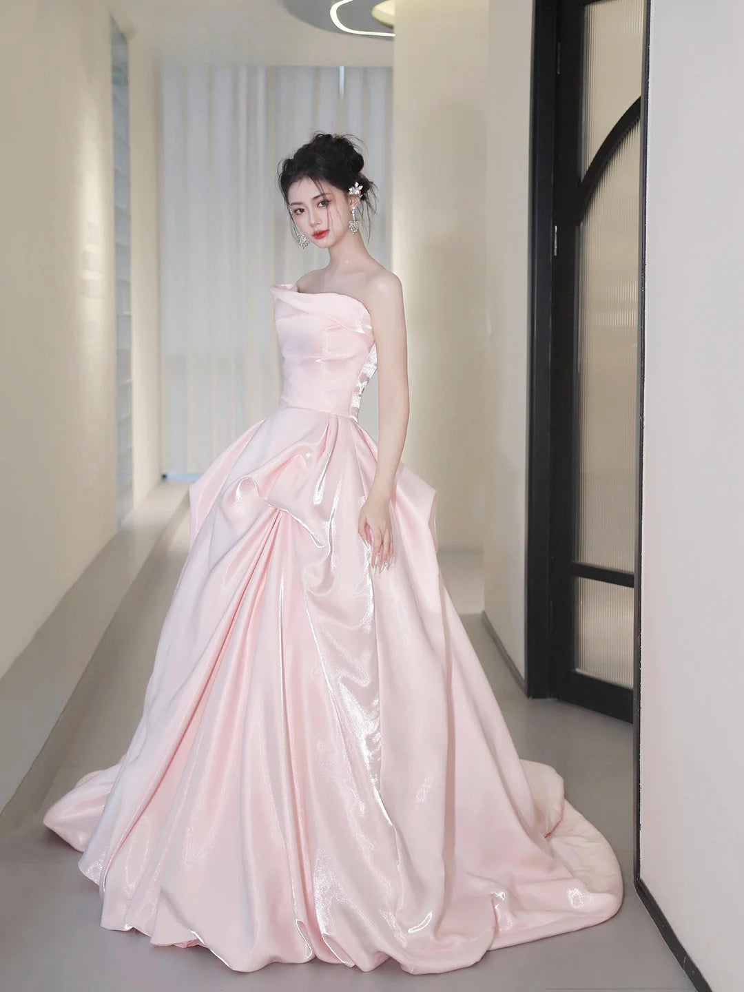 Beautiful A-Line Strapless Pink Satin Long Prom Dress Evening Party Dress