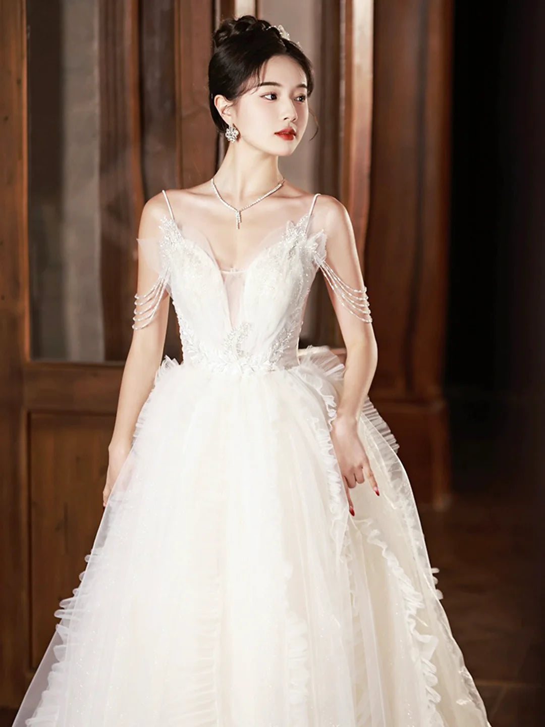 Beautiful A-Line White V-Neck Tulle Beaded Long Prom Dress Formal Evening Dress Wedding Dresses