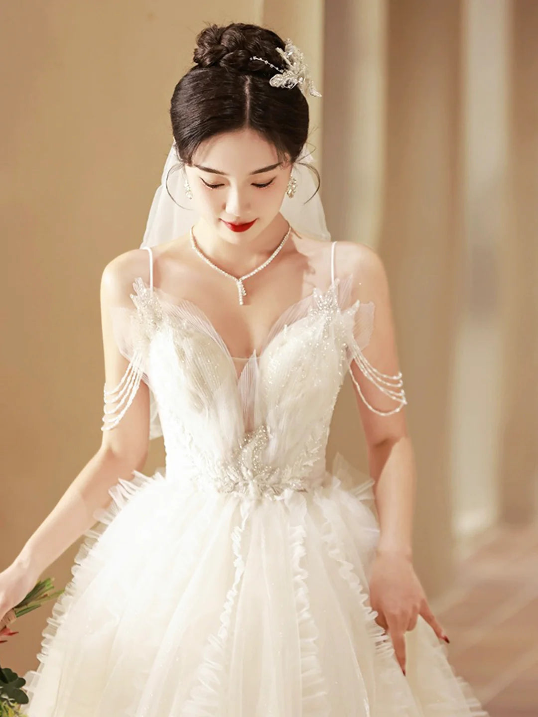 Beautiful A-Line White V-Neck Tulle Beaded Long Prom Dress Formal Evening Dress Wedding Dresses