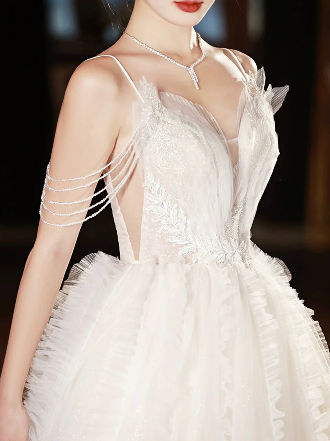 Beautiful A-Line White V-Neck Tulle Beaded Long Prom Dress Formal Evening Dress Wedding Dresses