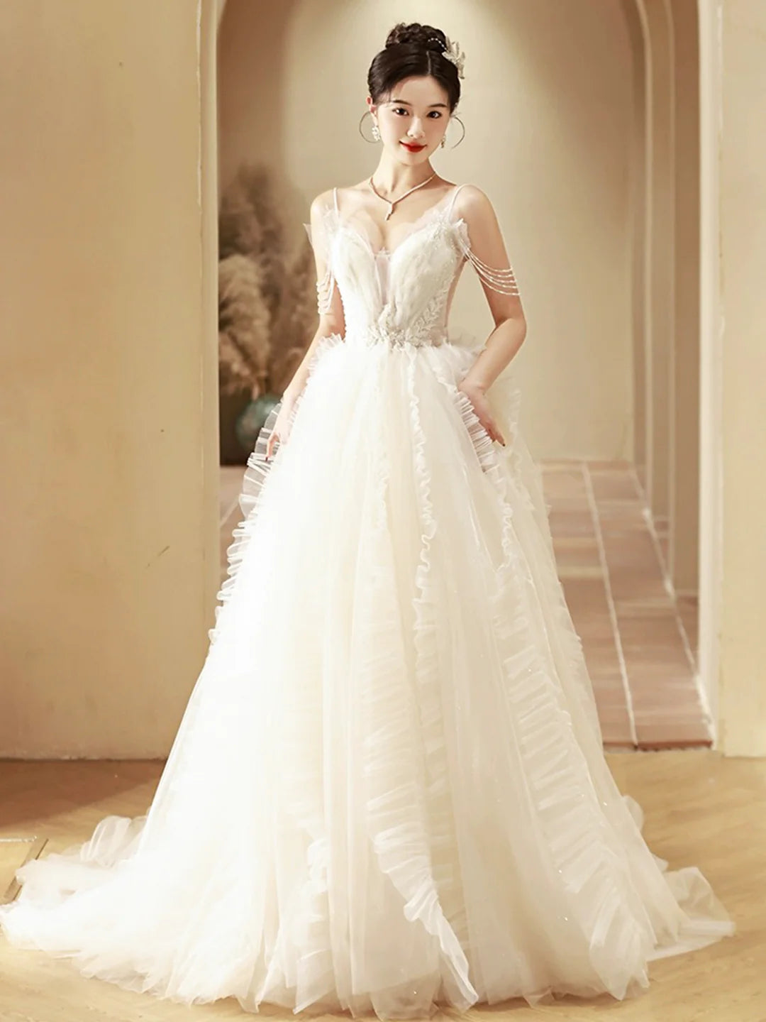 Beautiful A-Line White V-Neck Tulle Beaded Long Prom Dress Formal Evening Dress Wedding Dresses