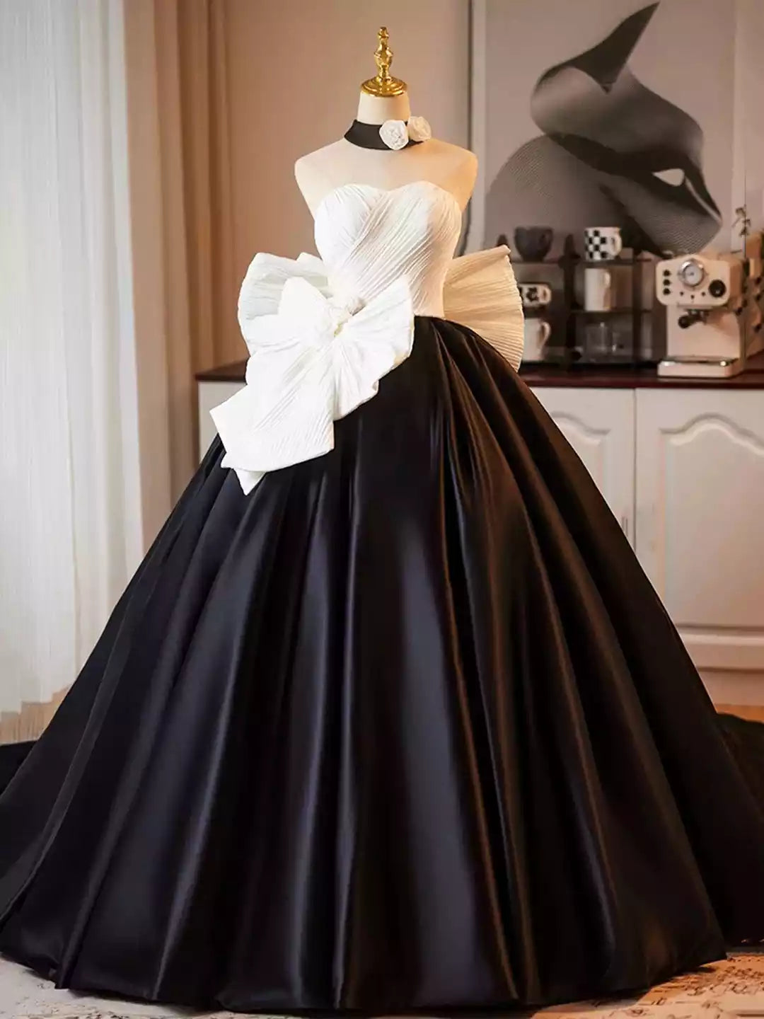 Beautiful A-Line White and Black Satin Long Prom Dress Party Formal Dress