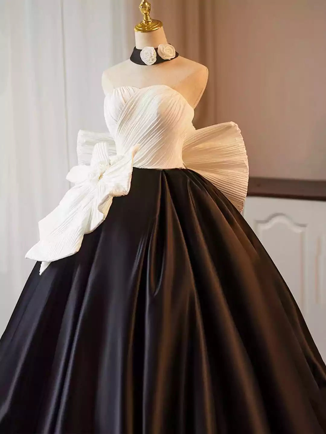 Beautiful A-Line White and Black Satin Long Prom Dress Party Formal Dress