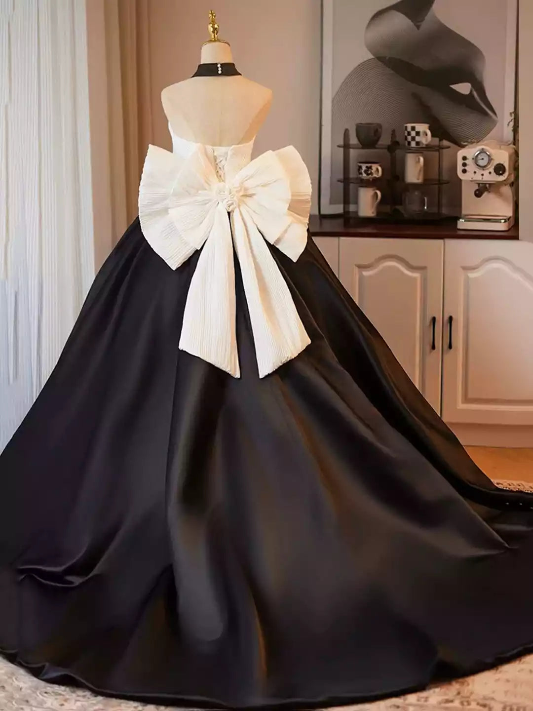 Beautiful A-Line White and Black Satin Long Prom Dress Party Formal Dress