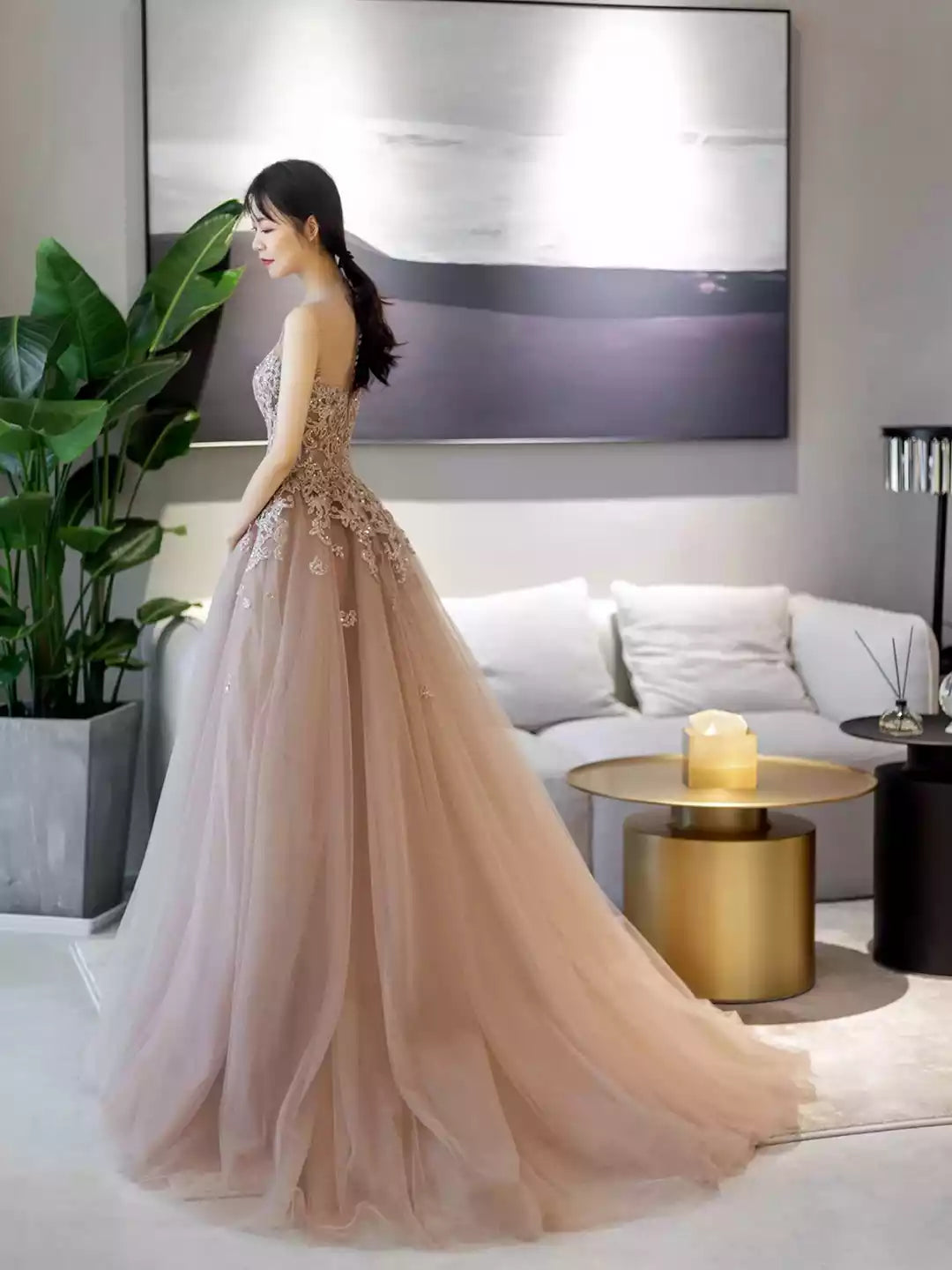 Beautiful Lace A-Line Scoop Neckline Tulle Lace Long Prom Dress Formal Evening Dress