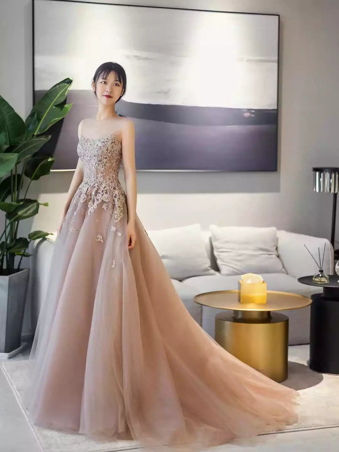 Beautiful Lace A-Line Scoop Neckline Tulle Lace Long Prom Dress Formal Evening Dress