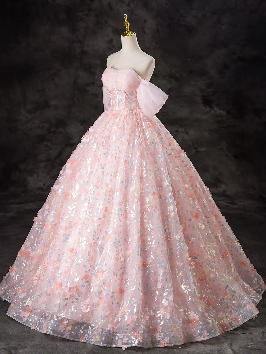 Beautiful Off the Shoulder A-Line Pink Tulle Flowers Long Prom Dress Evening Party Dress