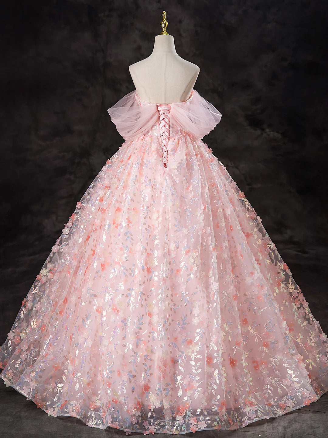 Beautiful Off the Shoulder A-Line Pink Tulle Flowers Long Prom Dress Evening Party Dress