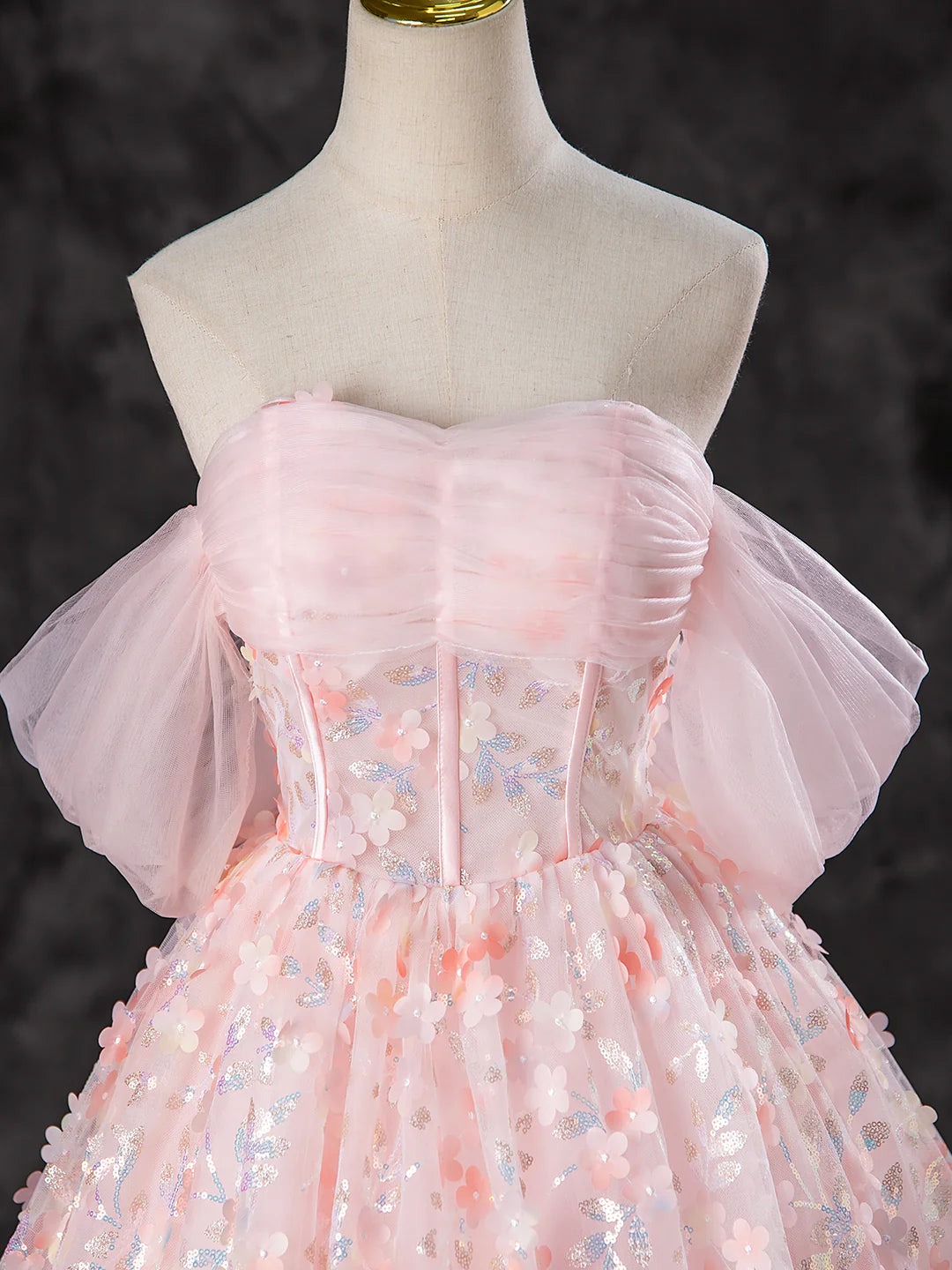 Beautiful Off the Shoulder A-Line Pink Tulle Flowers Long Prom Dress Evening Party Dress