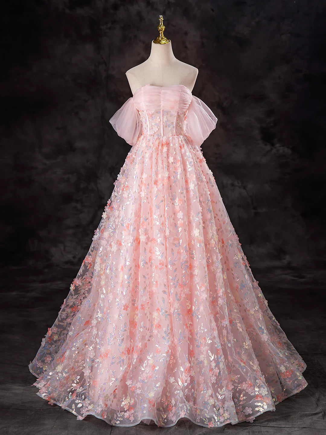 Beautiful Off the Shoulder A-Line Pink Tulle Flowers Long Prom Dress Evening Party Dress
