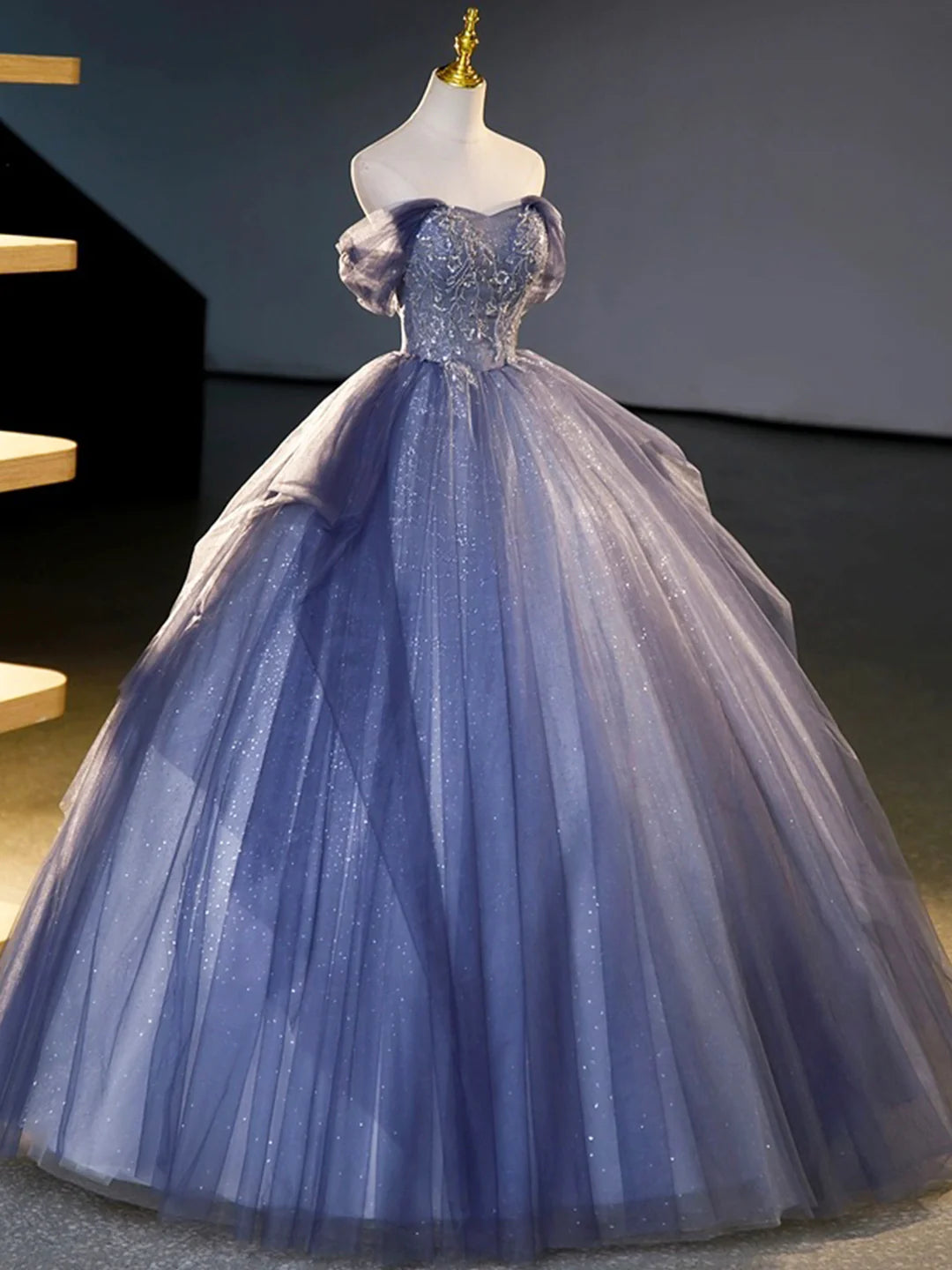 Beautiful Off the Shoulder Blue Tulle Beading Sequins Long Prom Dresses Formal Party Dresses