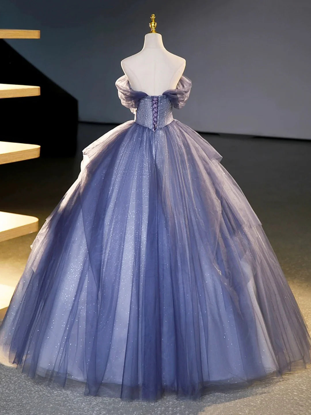 Beautiful Off the Shoulder Blue Tulle Beading Sequins Long Prom Dresses Formal Party Dresses