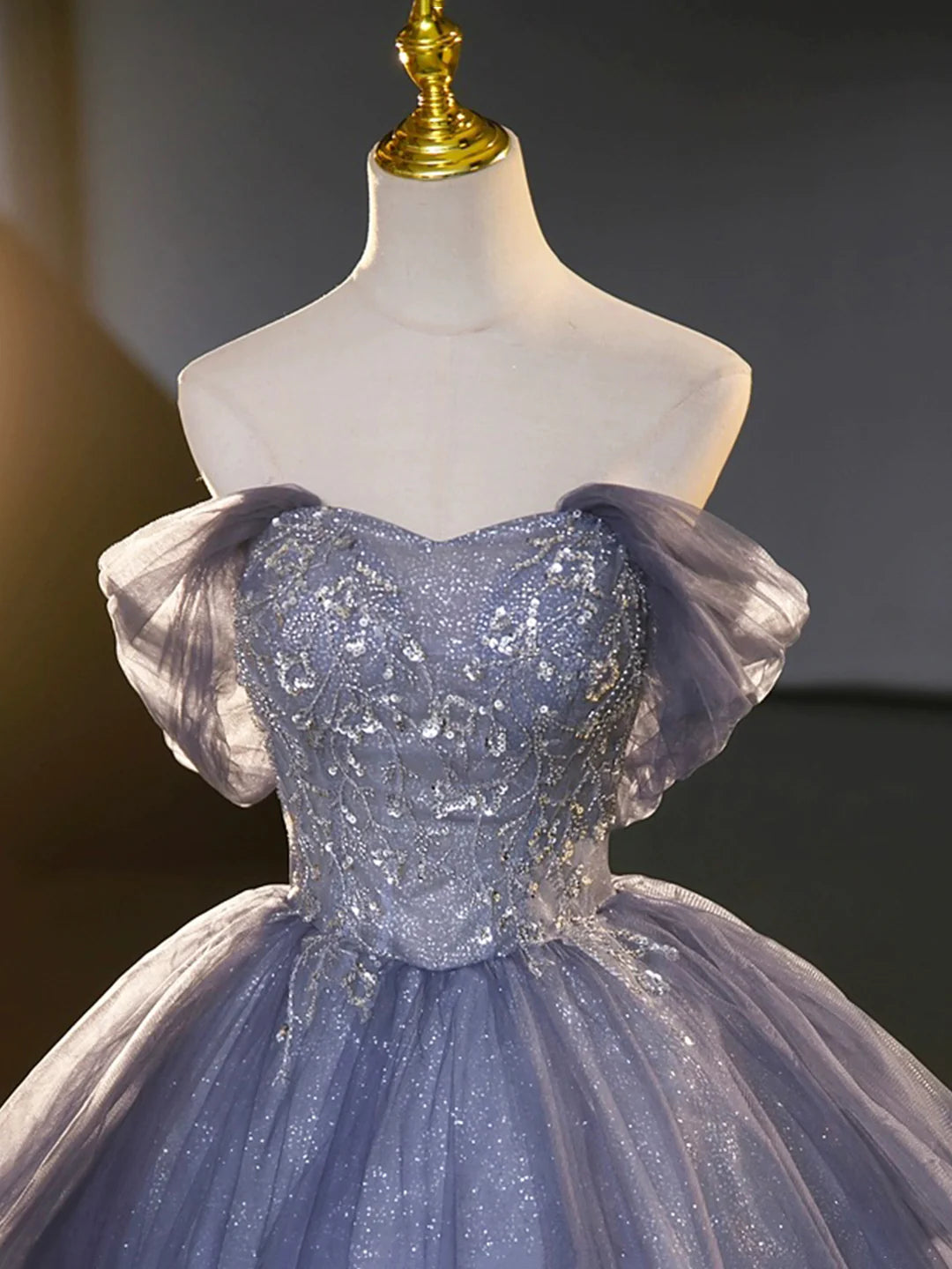 Beautiful Off the Shoulder Blue Tulle Beading Sequins Long Prom Dresses Formal Party Dresses