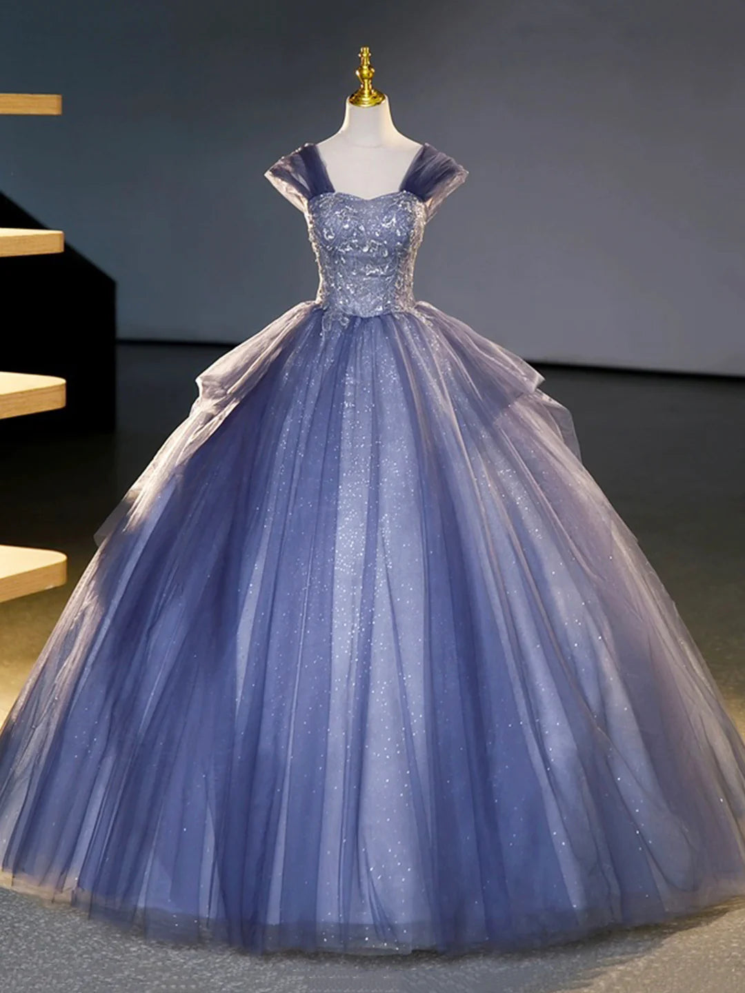 Beautiful Off the Shoulder Blue Tulle Beading Sequins Long Prom Dresses Formal Party Dresses