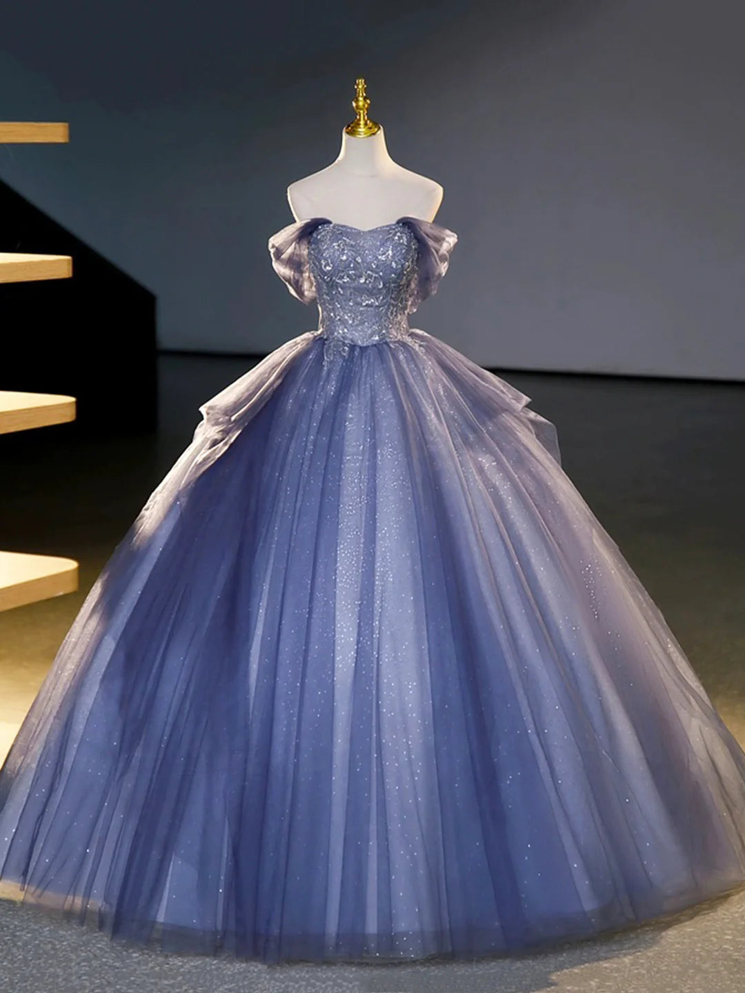 Beautiful Off the Shoulder Blue Tulle Beading Sequins Long Prom Dresses Formal Party Dresses