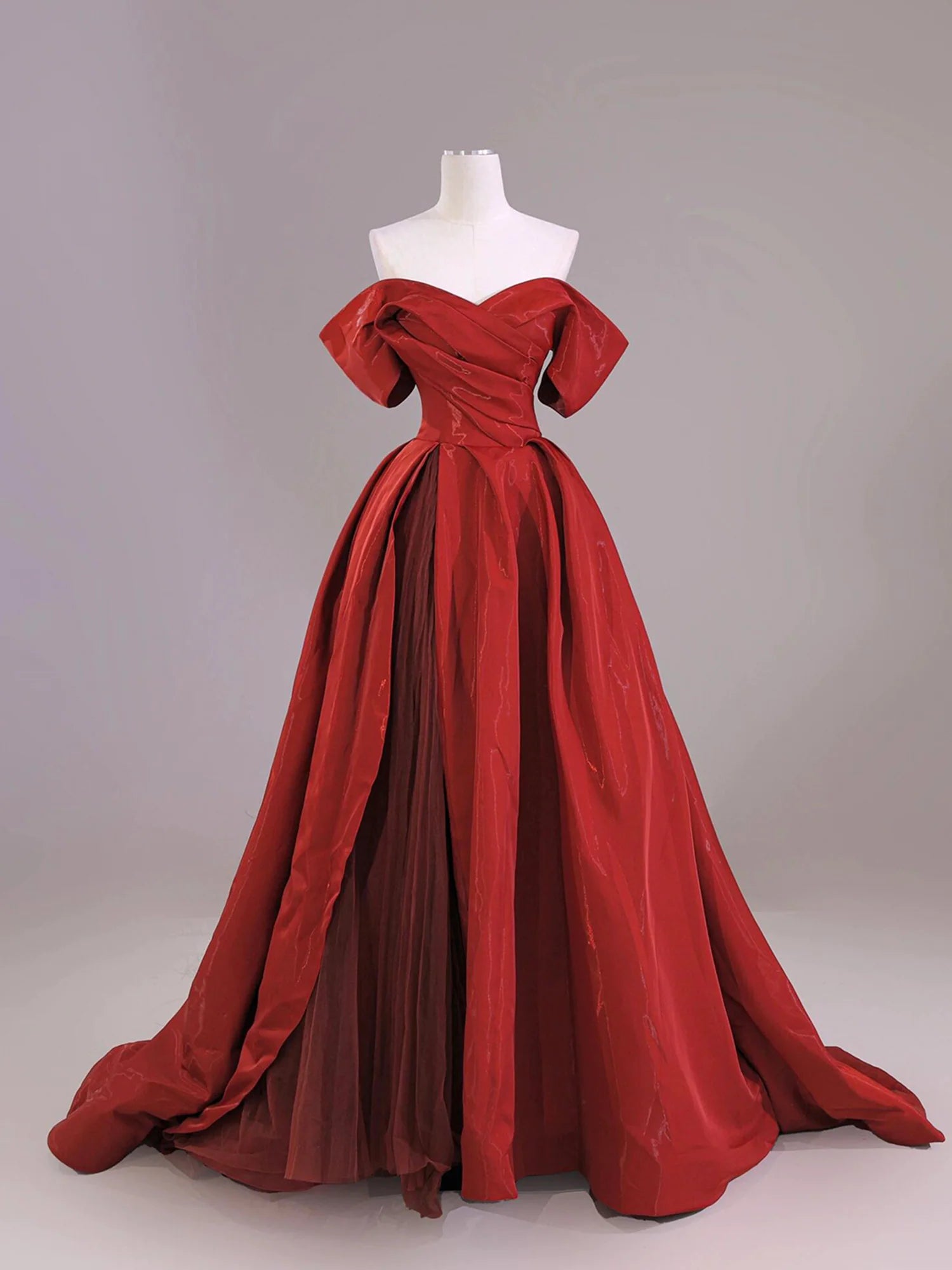 Beautiful Off the Shoulder Dark Red Satin Tulle Long Prom Dress Party Dress