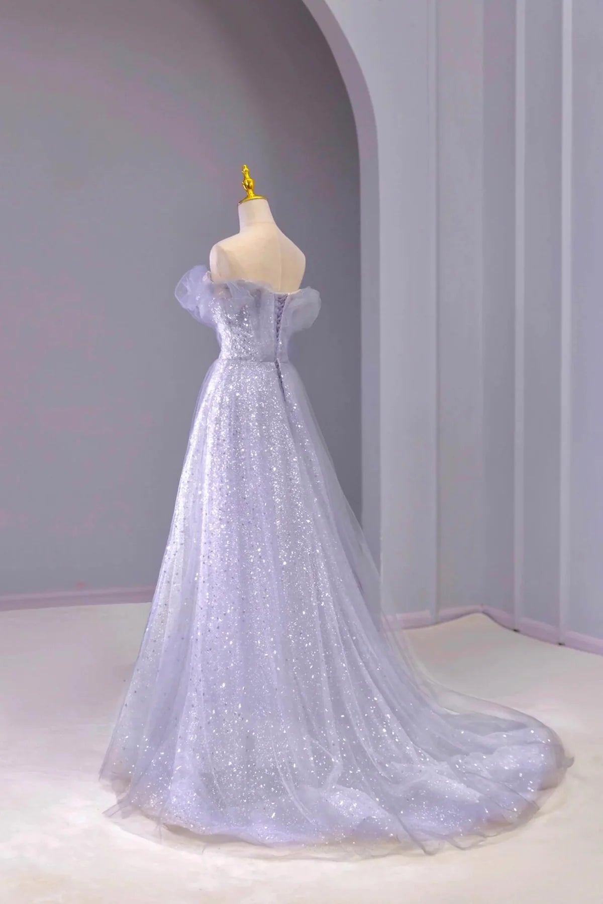 Beautiful Off the Shoulder Gray Tulle Sequins Long Prom Dress Party Dress