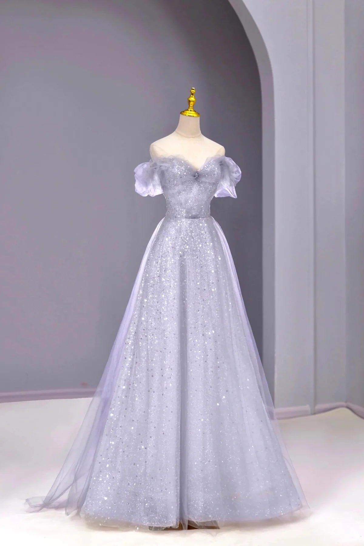 Beautiful Off the Shoulder Gray Tulle Sequins Long Prom Dress Party Dress