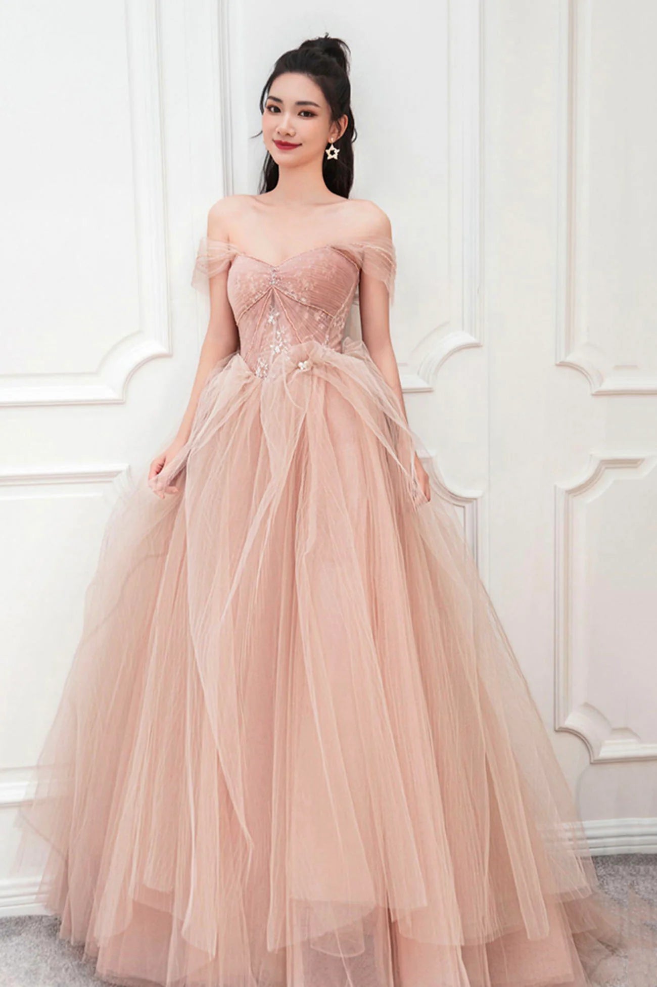 Beautiful Pink Off the Shoulder Lace Pink Junior Prom Dresses Party Dresses