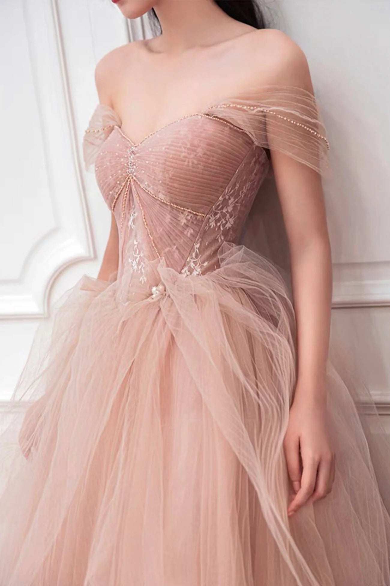 Beautiful Pink Off the Shoulder Lace Pink Junior Prom Dresses Party Dresses