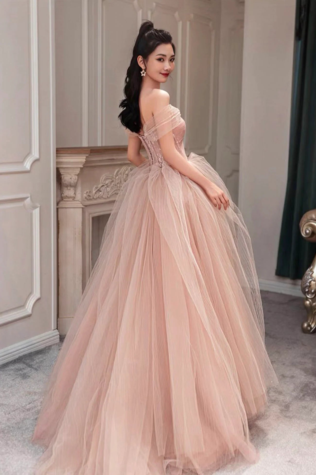 Beautiful Pink Off the Shoulder Lace Pink Junior Prom Dresses Party Dresses