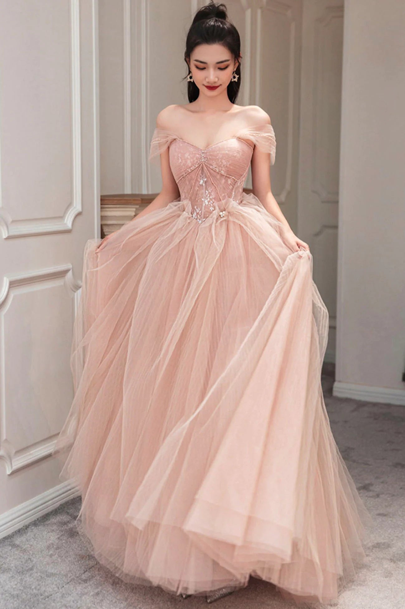 Beautiful Pink Off the Shoulder Lace Pink Junior Prom Dresses Party Dresses