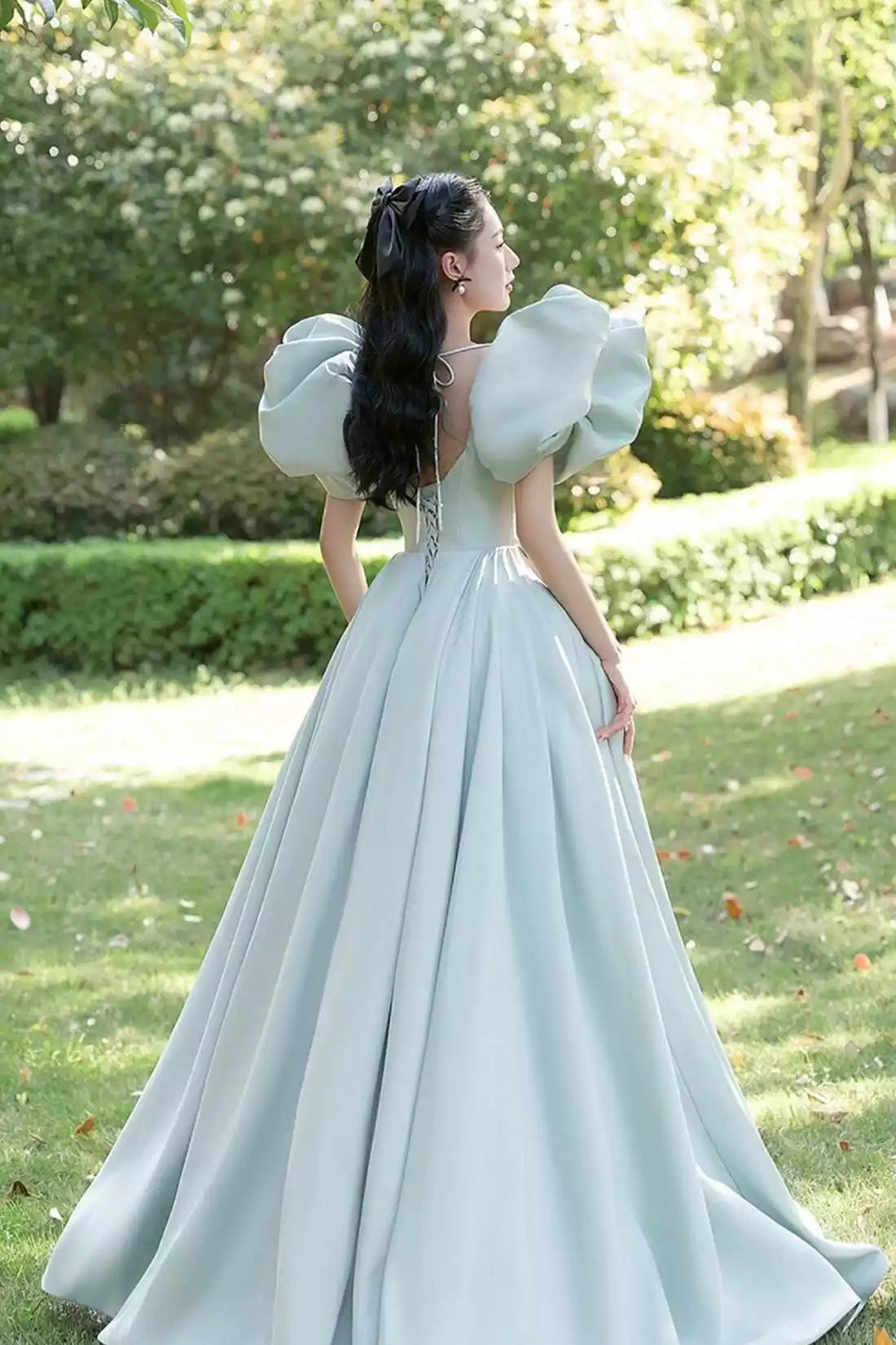 Beautiful Puff Sleeve Green Princess A-Line Prom Dress Formal Party Dress