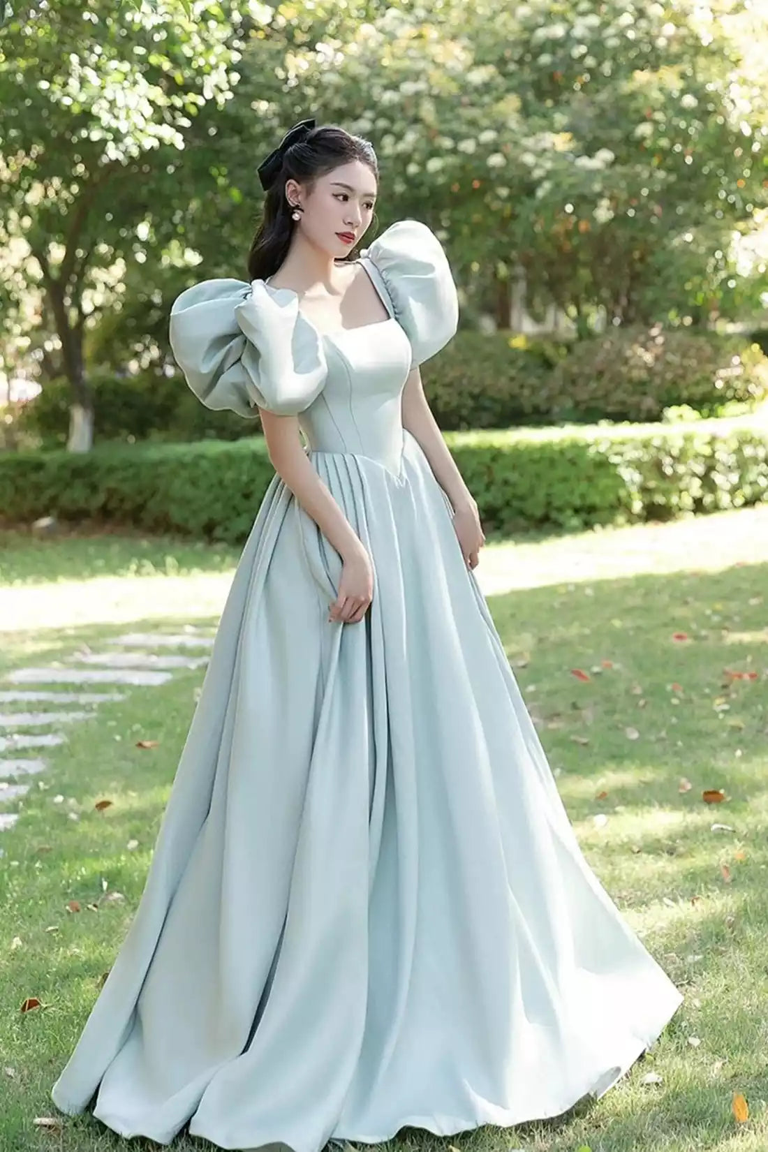 Beautiful Puff Sleeve Green Princess A-Line Prom Dress Formal Party Dress