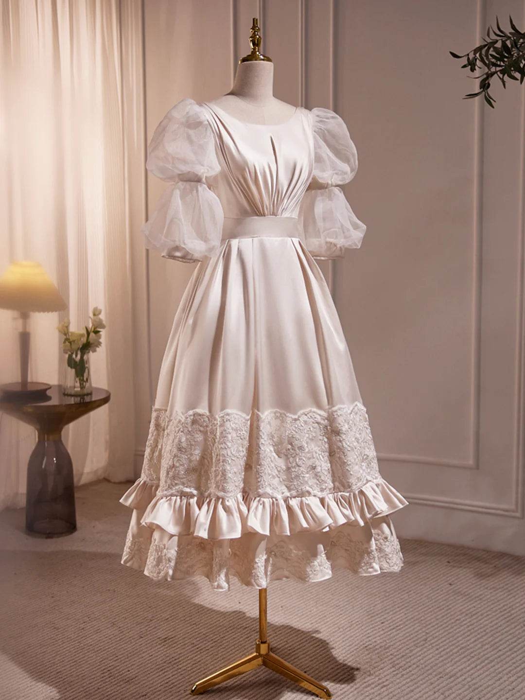 Beautiful Scoop Neck Tea Length Puffy Short Sleeve Prom Dress  A-Line Backless Party Dress