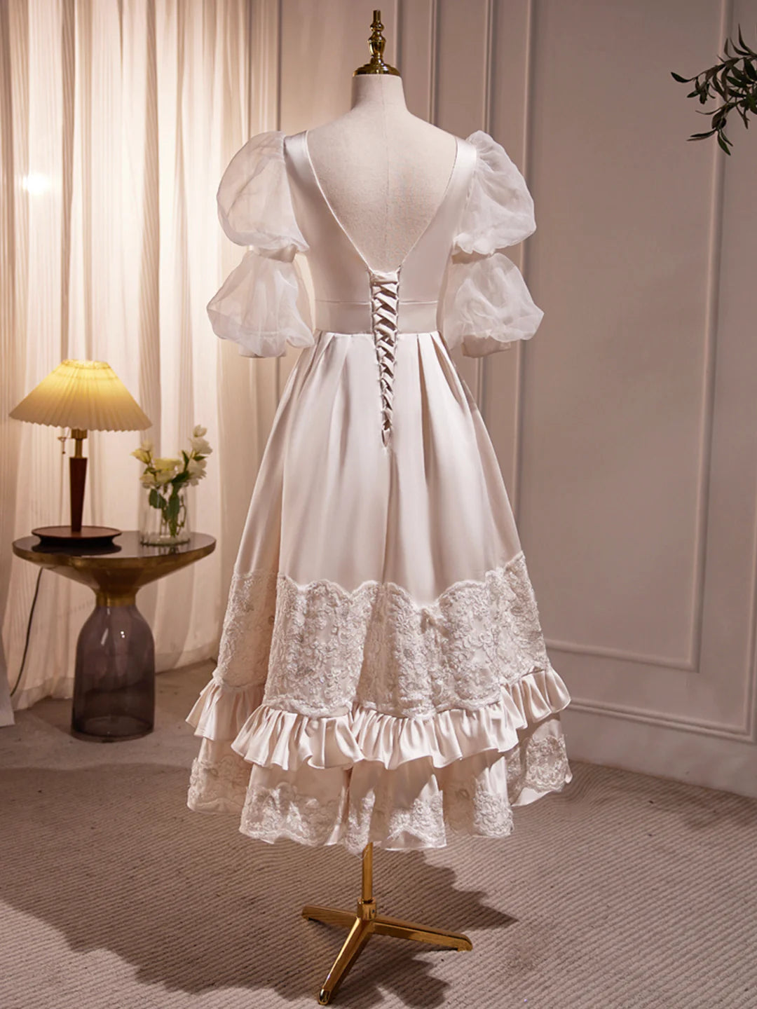 Beautiful Scoop Neck Tea Length Puffy Short Sleeve Prom Dress  A-Line Backless Party Dress