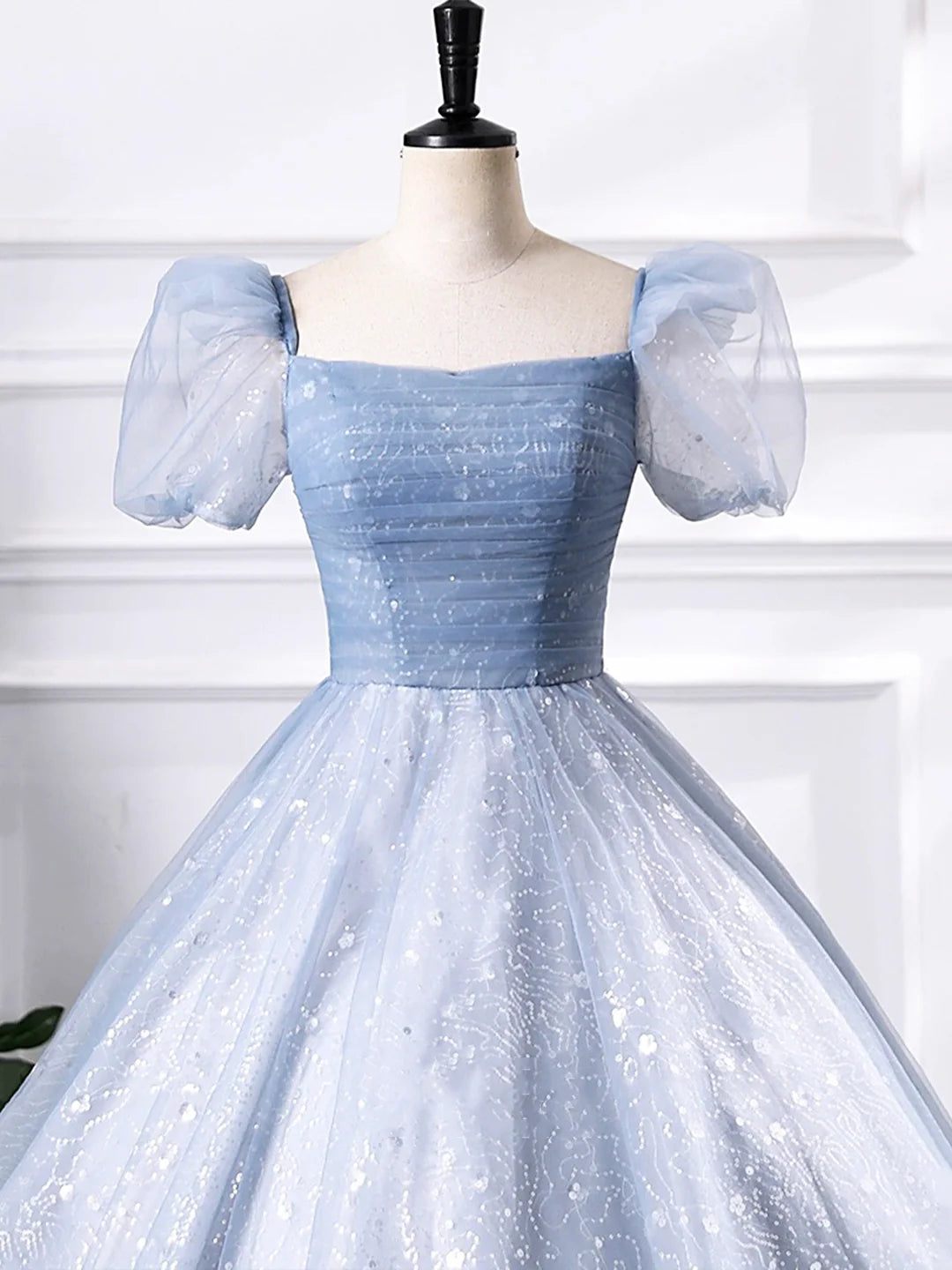 Beautiful Short Sleeve A-Line Blue Tulle Sequins Floor Length Prom Dress Evening Party Dress
