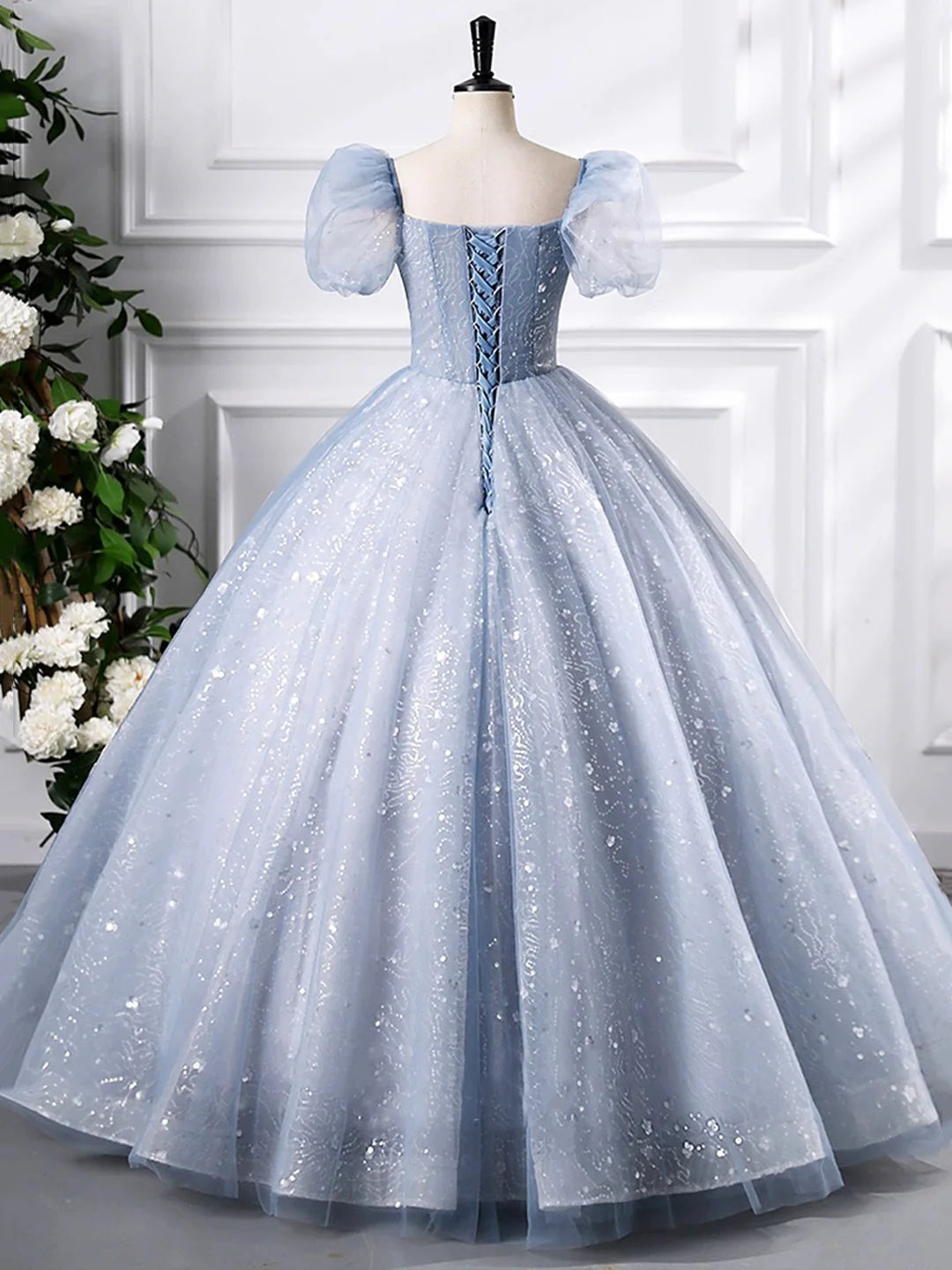 Beautiful Short Sleeve A-Line Blue Tulle Sequins Floor Length Prom Dress Evening Party Dress