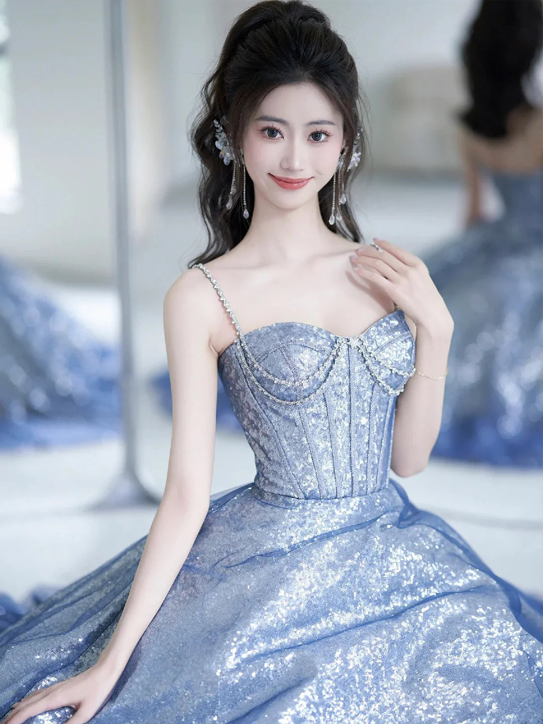 Beautiful Sweetheart Neck Blue Spaghetti Strap Gradient Sequins Long Prom Dress Evening Party Dress