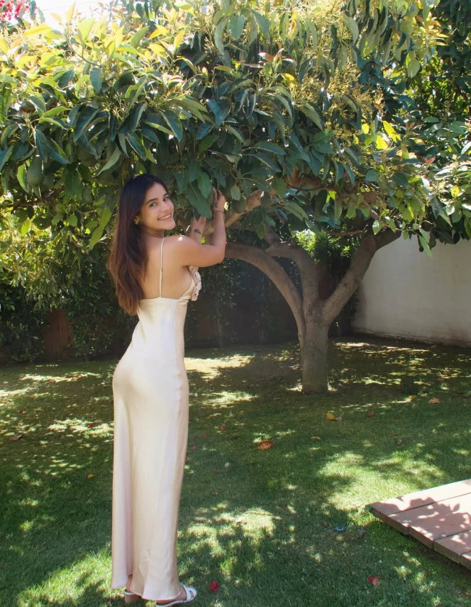 Beige A Line Spaghetti Strap Floral Satin Long Sleeveless Off-the-shoulder Prom Dress Cocktail Dress Homecoming Dress Evening Dress