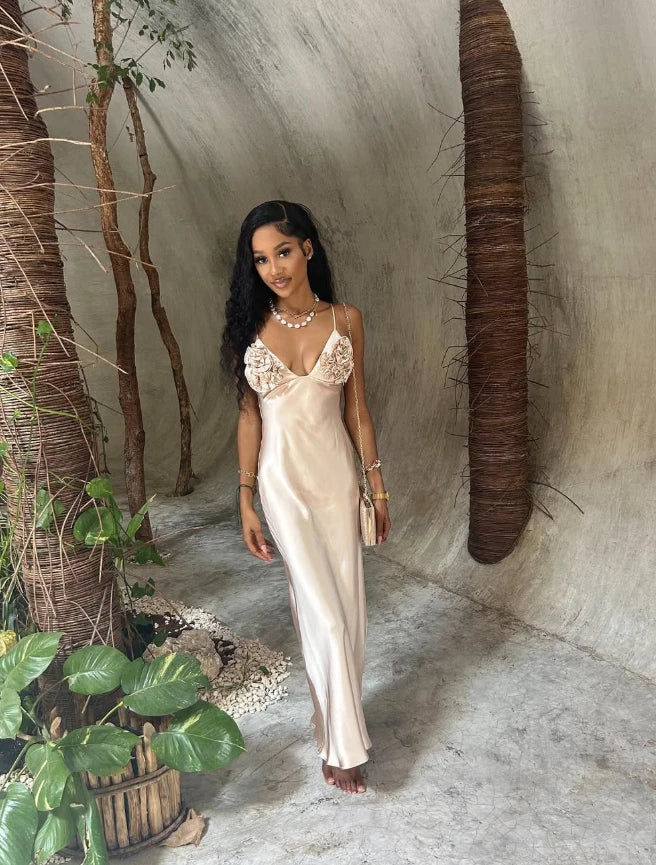 Beige A Line Spaghetti Strap Floral Satin Long Sleeveless Off-the-shoulder Prom Dress Cocktail Dress Homecoming Dress Evening Dress