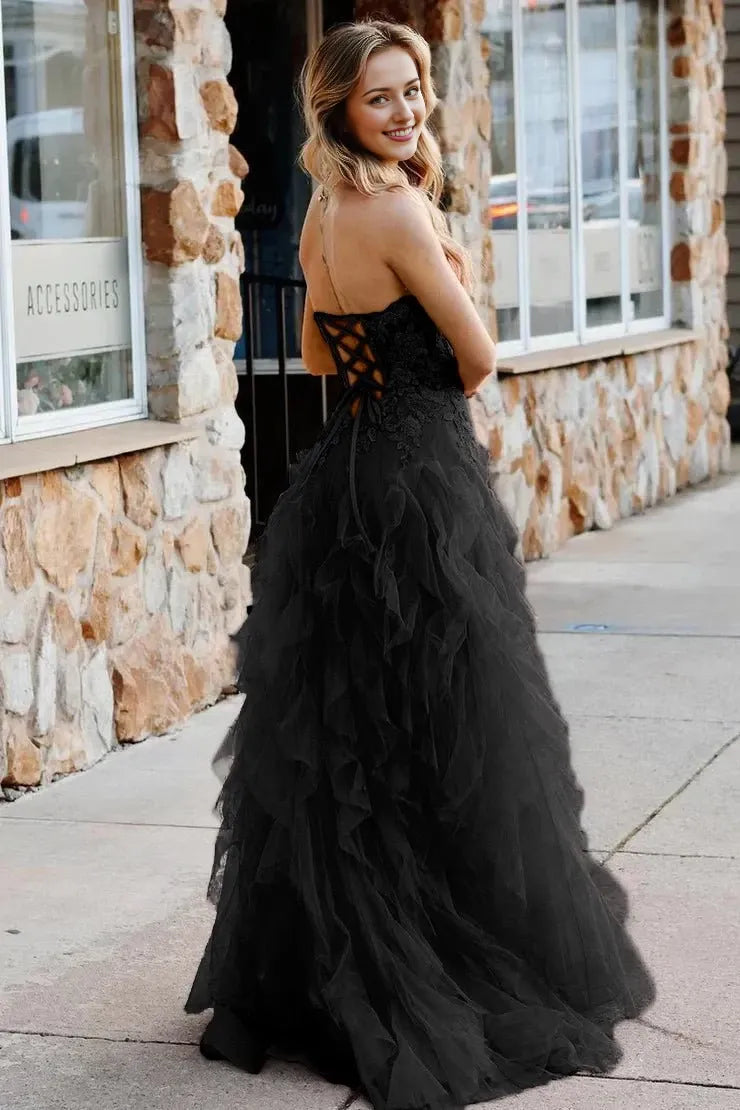 Black A-Line Coral Tulle Strapless Layered with Appliques Lace-Up Back Sleeveless Party Dresses Homecoming Dress Prom Dress