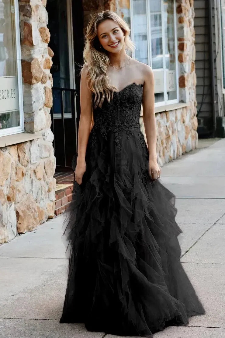 Black A-Line Coral Tulle Strapless Layered with Appliques Lace-Up Back Sleeveless Party Dresses Homecoming Dress Prom Dress