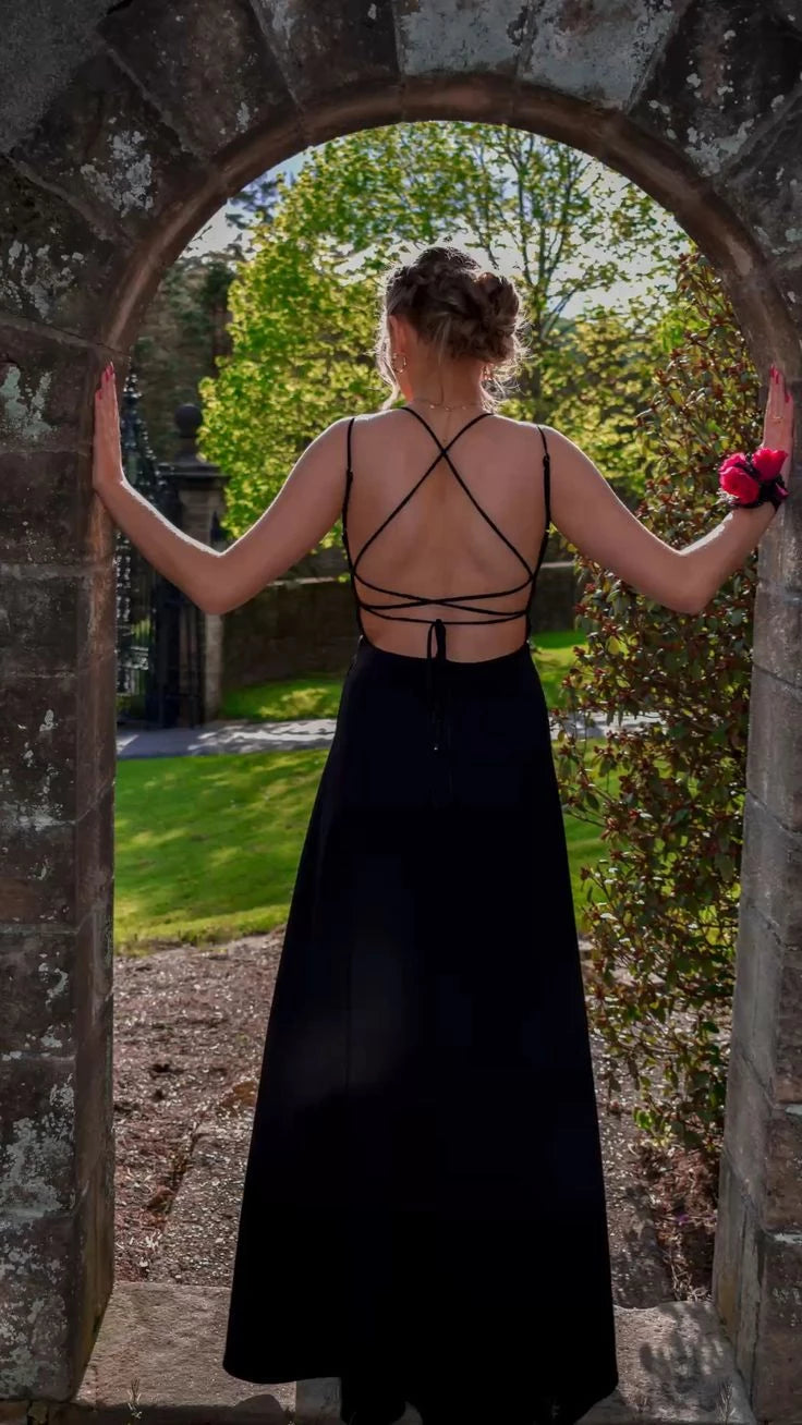 Black A-Line V Neck Backless Sleeveless Long Prom Dress Party Dress Cocktail Dress Homecoming Dress Evening Dress