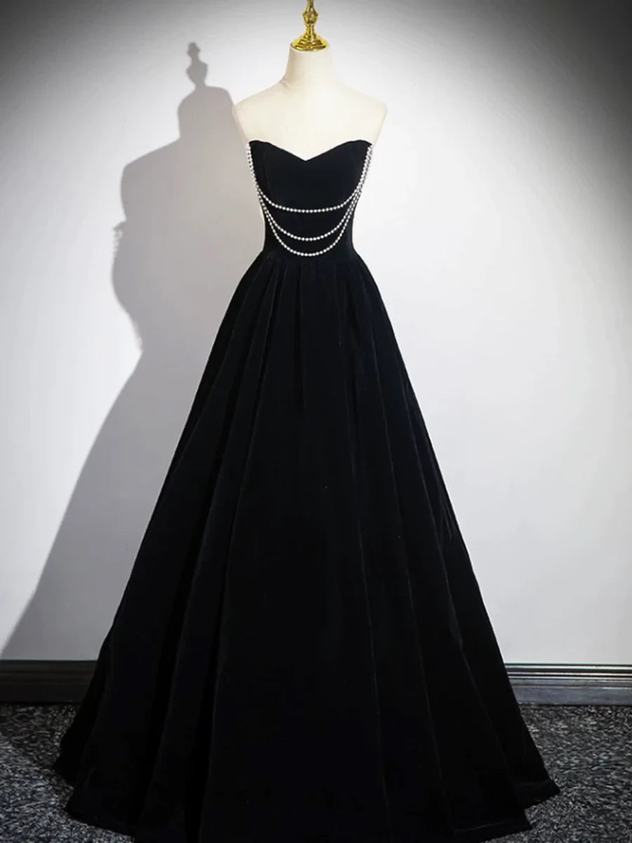 Black A-Line Velvet Long Formal Detachable Sleeves Prom Dress Party Dress Cocktail Dress Homecoming Dress Evening Dress