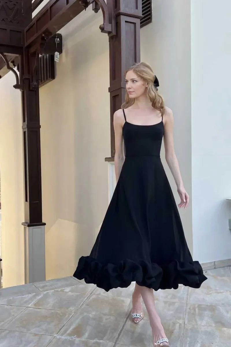 Black A Line Satin Long with Ruffles Tea Length Sccop Neckline Spaghetti Lace up Evening Dresses Evening Dresses Prom Dress